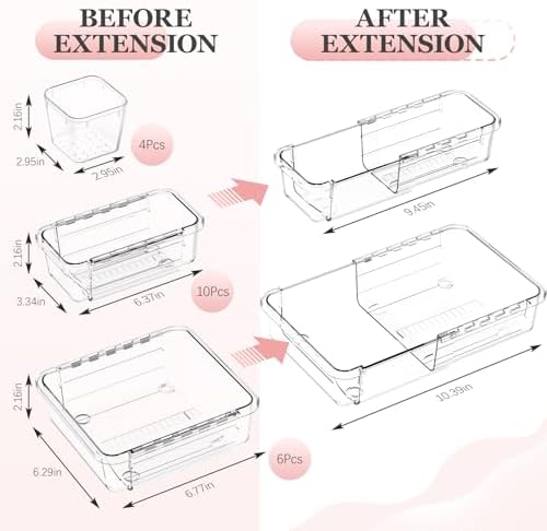 DILIBRA 20Pcs Clear Extendable Drawer Organizer, Adjustable Drawer Storage