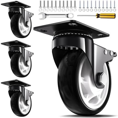 QNCZ 4" Caster Wheels with Brake, Black, Heavy Duty, Quiet, Set of 4