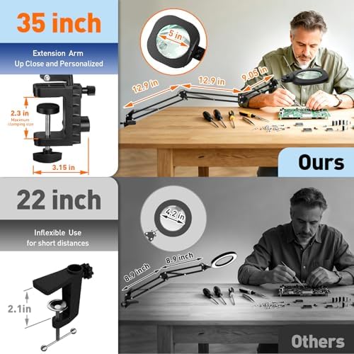 HITTI 30X 15X Long Magnifying Glass with Light and Clamp, 5-Inch Large Real Glass, 5 Color Modes, Stepless Dimmable, Hands Free LED Lighted Magnifier Stand for Workbench, Craft, Jewelry Making