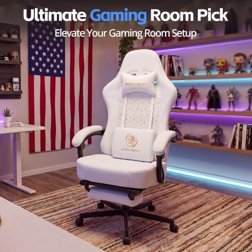 Gaming Chair Breathable Leather with Pocket Spring Cushion, Wide and High Ergonomic Office Chair with Headrest, Computer Gaming Chair with Footrest for Adult and Teen (White)