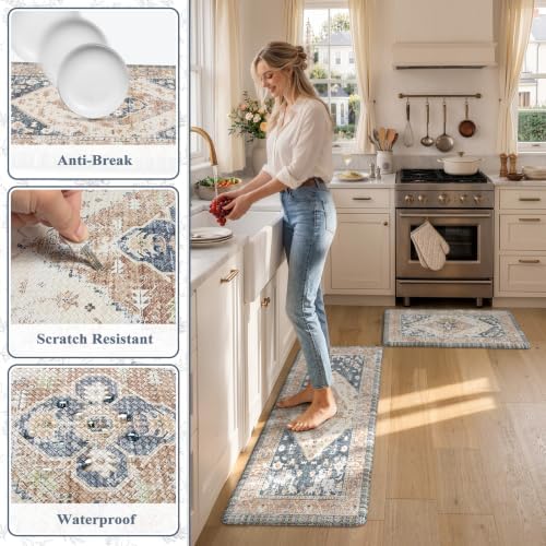 KIMODE Kitchen Rugs and Mats 2PCS Cushioned Anti Fatigue Kitchen Mats Blue