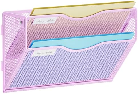 Marbrasse Wall File Holder 2-Tier Hanging Wall File Organizer, Mesh Mail Holder for Papers, Wall Mount File Clipboard & Magazine Organizer Great for Office Home (Purple)
