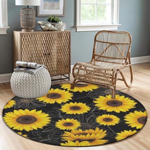 Large Machine Washable Circular Rugs, Home Decor Round Mat for Living Room Sofa Office Floral Sunflower Black