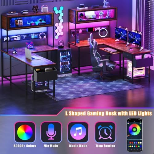 L Shaped Gaming Desk with Power Outlets & LED Lights, 49'' Reversible Computer Desk with Hutch & Pegboard & Display Cabinet, Corner Home Office Desk with Drawer & Keyboard Tray & Storage Bag, Rustic