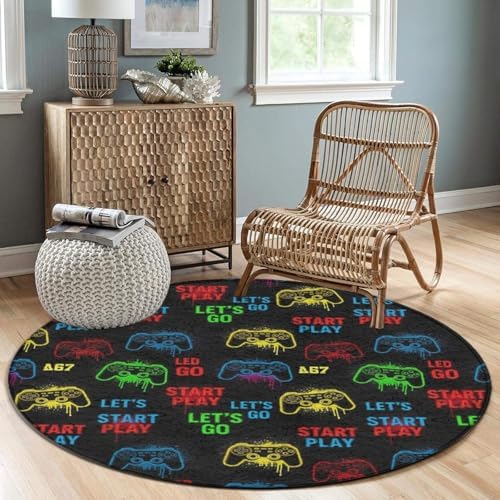 Home Decor Non Slip Kitchen Office Circle Rug, Machine Washable Modern Round Area Rug, Room Sofa Yoga Soft Round Carpet Video Game Weapon Cool Games Pattern