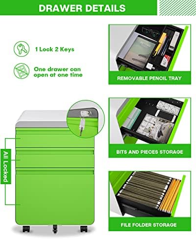 Dripex 3 Drawer Metal Rolling File Cabinet Under Desk Filing Cabinet Green