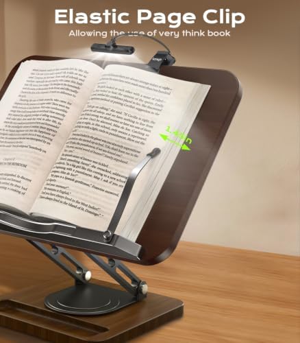 Book Stand with Light, 360° Rotating Holder with Page Clip, Ergonomic