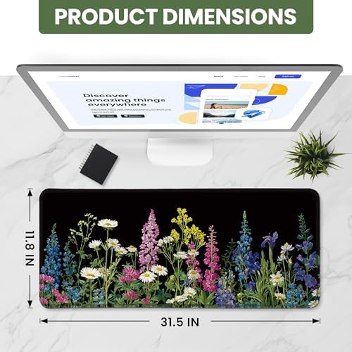 Aesthetic Desk Mat, Cute Starlit Floral Desk Pad Protector for Work & Decor, 31.5" x 11.8", Pretty Non-Slip Extended Mouse Pad for Office or Home