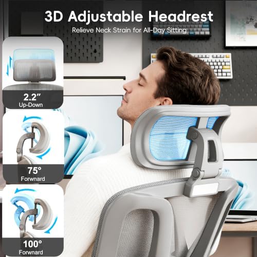 Vonesse Ergonomic Office Chair with Footrest, Desk Chairs with Dynamic Lumbar Support & Adjustable Depth Breathable Mesh Seat, Computer Gaming Chair with Adjustable 3D Headrest and Armrests (Grey)