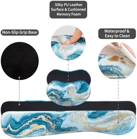 QiyI PU Leather Desk Mat Set, 4-in-1 Ergonomic Wrist Rest, Blue Fluid Art