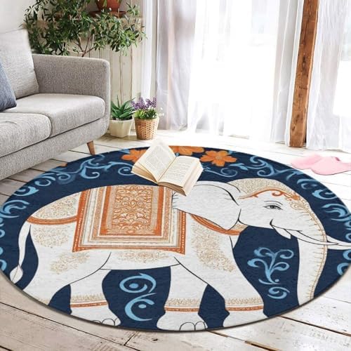 Large Home Decor Mat, Soft Round Yoga Carpet, Non Slip Machine Washable Kitchen Office Circle Rug Elephant