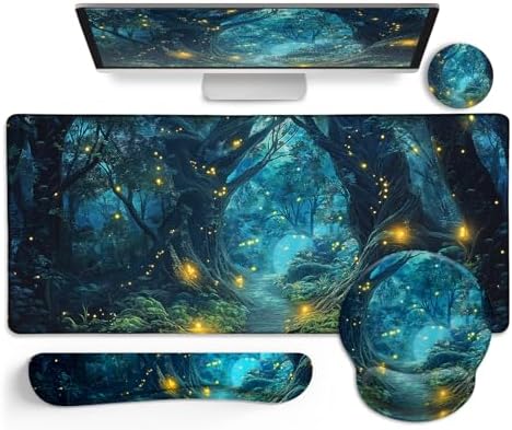 LIMKRIAN Mouse Pad with Wrist Rest, Firefly Forest Computer Desk Mat Set