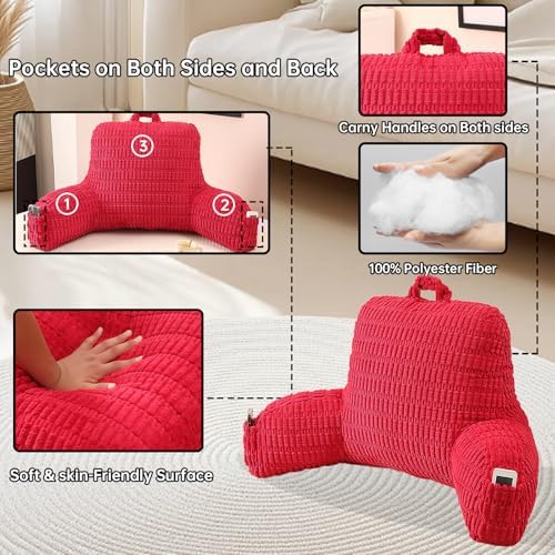 Large Reading Pillow for Sitting Up with Arms,Red Corduroy