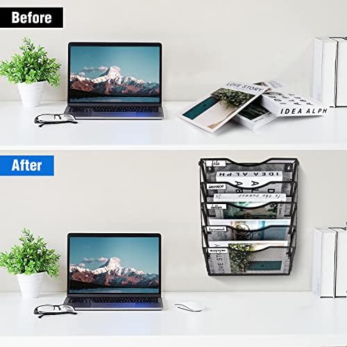 BOHDK Wall File Organizer 5 Pockets, Mail Organizer, Hanging Folder Holder, Foldable | Hanging or Wall Mounted | Label Panel | 2 Hooks | Office Home School Organizer, Black