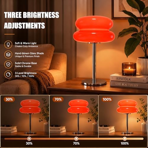 Bedroom Mushroom lamp, Medieval Modern Bedside Table lamp, dimmable Retro Egg Tart Headlight, Unique Home Mushroom Decoration Aesthetic Lovely Living Room Desk lamp (Red)