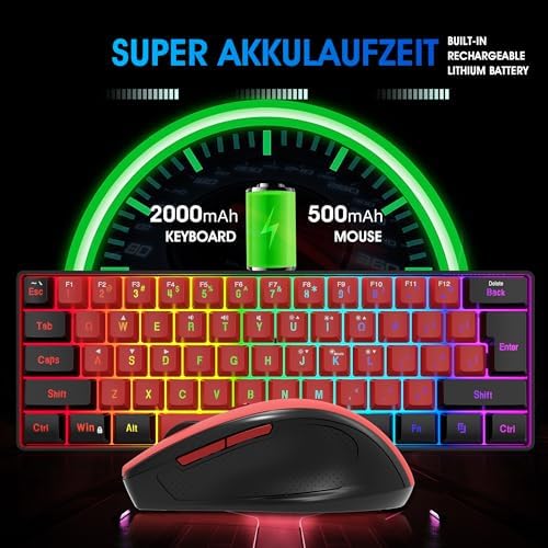 Snpurdiri 2.4G 60% Wireless Gaming Keyboard and Mouse Combo (Black and Red)