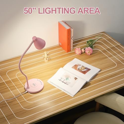 BOHON Cute Desk Lamp for Home Office with USB C+A Charging Port Timer Pink
