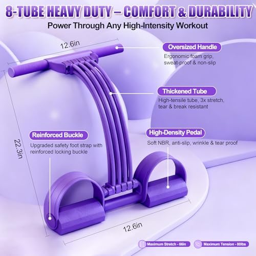 Foot Pedal Resistance Bands with Handles, 8-Tube Adjustable Multifunction Elastic Yoga Exercise Bands, Home Gym Fitness Equipment for Women & Men to Tone Abs, Core, Leg, Arm, Waist