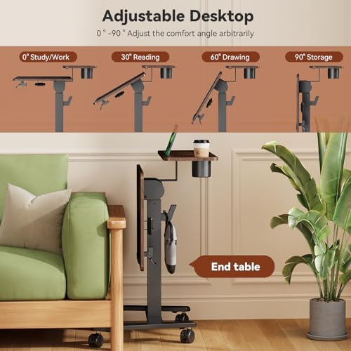 28" Mobile Standing Desk, Tiltable Top with 2-Tier Shelves, Walnut
