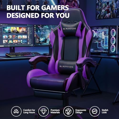 Mr IRONSTONE Gaming Chair with Footrest, Ergonomic Reclining Gamer Chair with Lumbar Support & Massage, High Back Racing Style Video Game Chair, Adjustable Headrest, Swivel Desk Chair, Purple