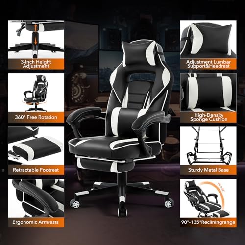 Big and Tall Office Chair, High Back Leather Gaming Chair with Footrest, Ergonomic Computer Chair w/Lumbar Support & Headrest, 360° Swivel Base & Height Adjustable Executive Chairs for Home/Offices