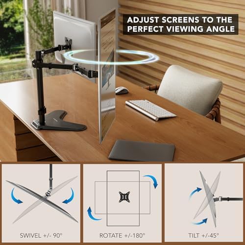 Mount-It! Dual Monitor Stand, Premium Adjustable Desk Mount for Two 13–32 Inch Screens up to 17 lbs Each, Full Motion Swivel Tilt Rotate Height Adjustable Arms, VESA 75x75 100x100, Steel Base