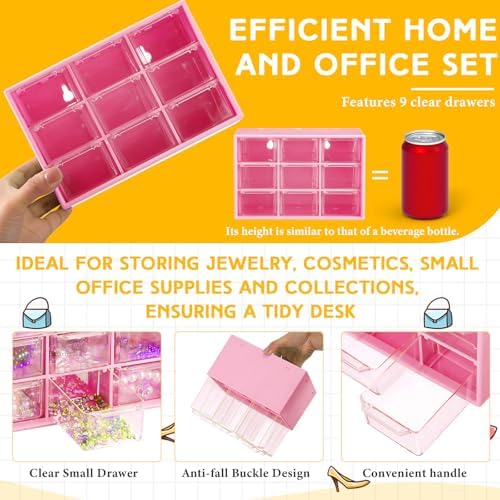 Wenqik 2 Pcs Mini Storage Drawers with 9 Clear Drawers, Rose Red