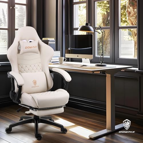 Dowinx Big & Tall Vintage Gaming Chair for Adults, 400 lb Capacity Heavy Duty Ergonomic Computer Chair with Massage Lumbar, Footrest & Easy Side Recline, Ivory Beige