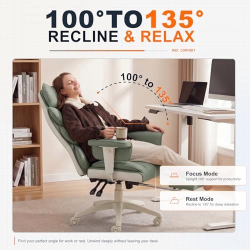 Dowinx Big and Tall Office Chair with Pocket Spring Cushion,High Back Computer Gaming Chairs with Adjustable Armrests,Executive Desk Chairs with Lumbar Support and Footrest,PU-Green