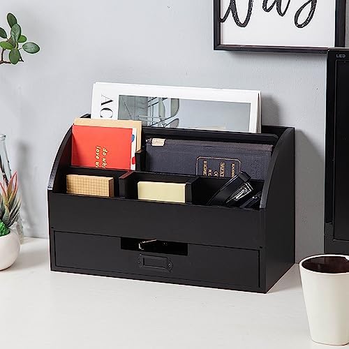 canwedance Distressed Rustic Wooden Office Desk Organizer 5 Compartment with 2 Drawer &Counter Desk Tabletop Desktop Mail Rack, Pens, Notebooks, Folders, Pencils and Office Supplie(black)