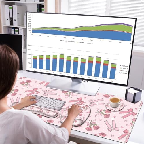 Pink Mouse Pad with Wrist Support 4 in1 Set, XXL Big Game Mousepad + Keyboard Wrist Rest + Mouse Wrist Rest Pad +Coaster Gaming Mat for Home Office Work Computer Laptop PC I Sweet Rose & Heart Bow