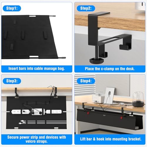 No Drill Under Desk Cable Management Tray, 48" Cord Management Tray with Cable Loop, Upgraded Oxford Fabric Wire Management for Standing Desk - No Damage to Table