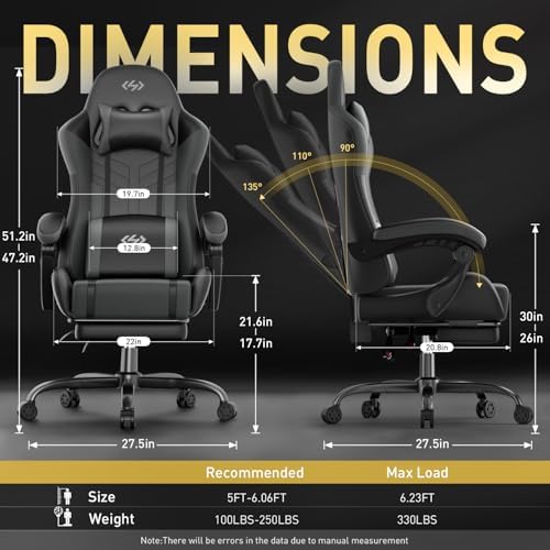 HLDIRECT High Back Gaming Chair, USB Massage Lumbar Support, Black&Grey