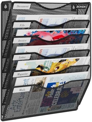 BOHDK Wall File Organizer, 6 Tier Hanging File Folder Mail Organizer, Vertical Mesh Metal Wall Mount Hanging File Holder, Paper Document Magazine Rack for Home Office Black