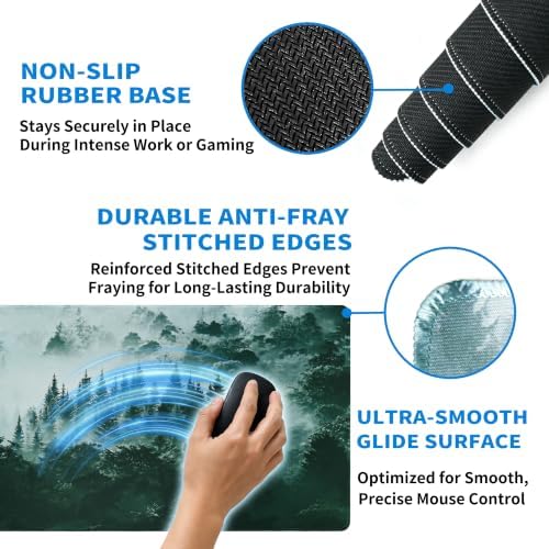 Extended Misty Forest Desk Mat, XXL Large Gaming Mouse Pad, Tree Woodland Nature Stitched Edges Waterproof with Non-Slip Rubber Base for Computer Keyboard Laptop Work Home Office 35.4"x15.7"