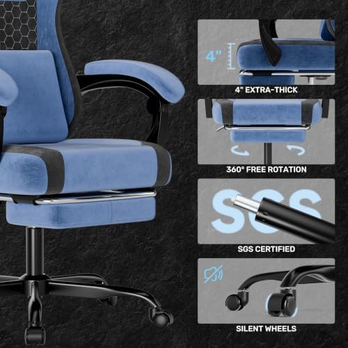 SUKIDA Fabric Video Gaming Chair, Ergonomic High-Back Computer Game Chairs with Large Massage Adjustable Lumbar Support, Headrest and Linked Armrests for Long Hours Sitting Task Chair, Black Blue
