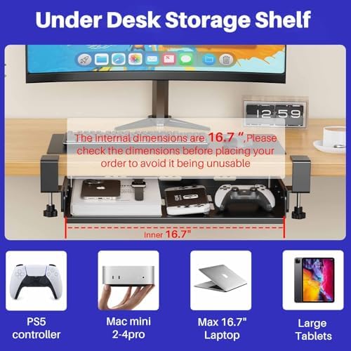 BYMECOST No Drill Under Desk Laptop Mount, Metal Under Desk Storage Shelf