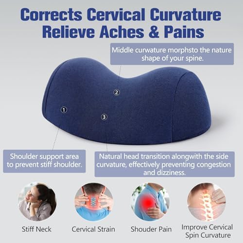 COMFYTHERA Small Neck Stretcher Pillow for Pain Relief, Soft Cervical Traction Device Neck Mild Support Pillow Memory Foam Cervical Neck Orthopedic Pillow for Tension Muscle Relax Relief (Dark Blue)