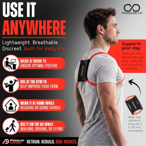 PRIMEKINETIX PostureMedic Dynamic Posture Corrector - Active Resistance Training System for Upper Back Strengthening & Shoulder Alignment - Stretches Chest, Strengthens Back - Doctor Recommended - Size S (Red)