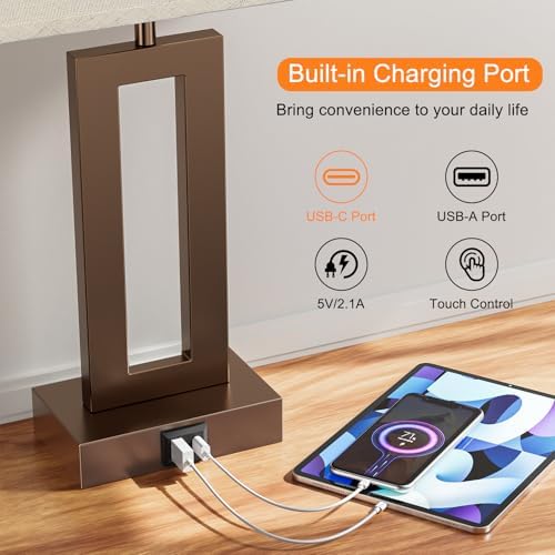 Seealle Bedroom Lamps for Night Stands - Touch Control, 3 Way Dimmable, USB C+A Charging, LED Bulbs, Easy Assembly(Yellow&Brown)