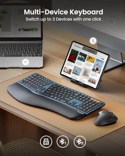ProtoArc Backlit Wireless Full Size Ergonomic Keyboard Black Blue and Vertical Wireless Trackball Mouse