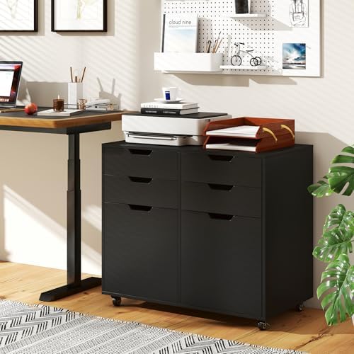GIANTEX 4-Drawer File Cabinet, Rolling Printer Stand with 2 Lockable Wheels, Wooden Lateral Filing Cabinet, Load 298 Lbs, Under Desk Craft Storage Organizer for Home Office Organization (Black)