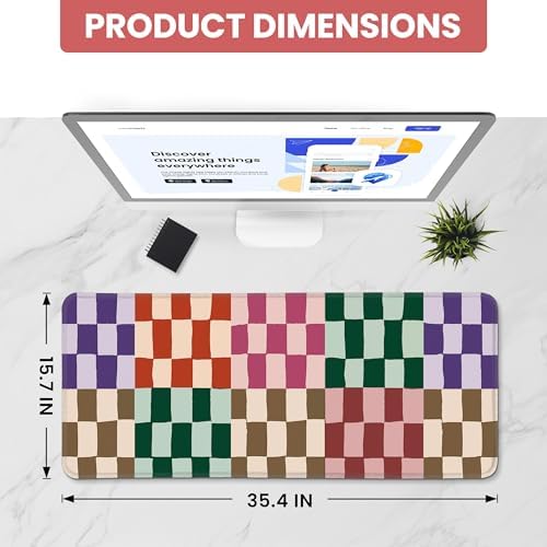 Aesthetic Desk Mat, Cute Checkered Pattern Desk Pad Protector for Work & Decor, 35.4" x 15.7", Pretty Non-Slip Extended Mouse Pad for Office or Home