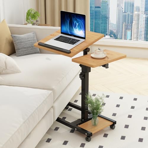 TigerDad Mobile Adjustable Height Laptop Stand PC Computer Portable Notebook Swivel Laptop Desk Rolling Table Desk Cart Tiltable with Wheels Casters& Mouse Pad Table (Wood)