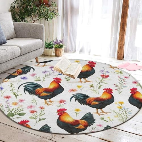 Soft Round Yoga Carpet, Office Chair Decor Round Mat for Carpet and Hardwood Floors Floral Flowers Chickens