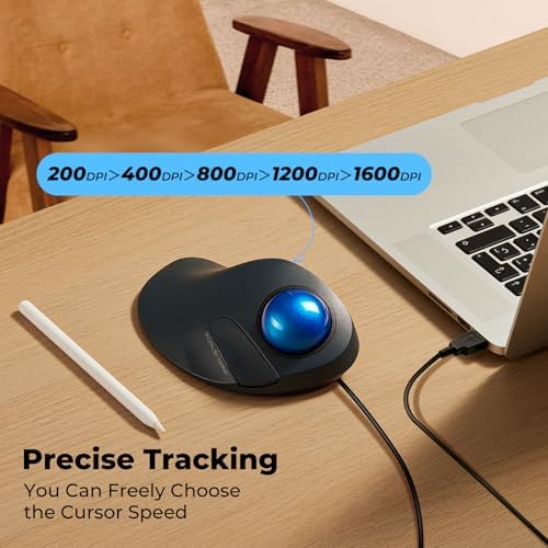 Wired Ergonomic Trackball Mouse for Large Hands, 44mm Index Finger Control