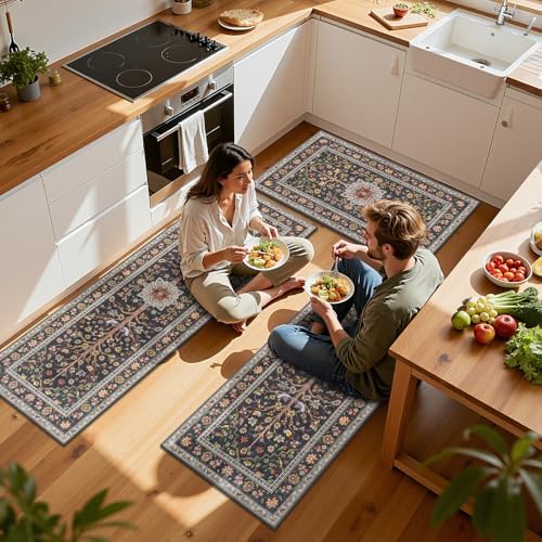 HEBE Two Types of Kitchen Rugs Made from Different Materials—Anti Fatigue Kitchen Rug Sets 2 Piece and Boho Kitchen Rugs Sets of 3 Non Slip Washable