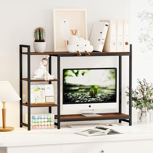 Snughome Adjustable Desk Shelf with Monitor Stand, 38.6" Desktop Organizer Hutch, Height Adjustable Computer Monitor Riser & 4 Tier Storage Bookshelf for Home Office Dorm