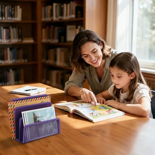 EASEPRES Desk Mail Organizer, Office Small Desktop Metal Mesh Envelope Letter Sorter Paper File Holder Organizer with 3 Vertical Upright Compartments, Purple 2 Pack