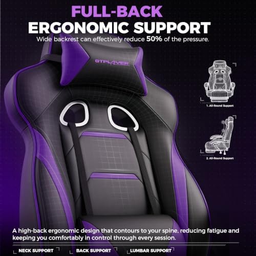GTPLAYER Gaming Chair with Footrest, 350LBS Big and Tall Office Chair, Ergonomic High Back Lumbar Support and Recliner for Back Pain Relief, Purple